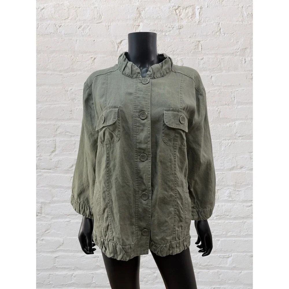 Chico's Linen Utility Jacket Olive Green Ruffle Hem Boho Large‎ XL